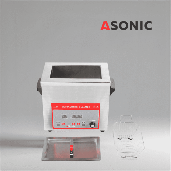 ASONIC IND-40 компактна ултразвукова вана, идеална за промишлено почистване в малък мащаб и лабораторна употреба.
