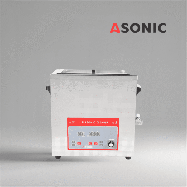 ASONIC 8L промишлен ултразвуков почистващ уред със затворен капак от неръждаема стомана за почистване на средно големи детайли.