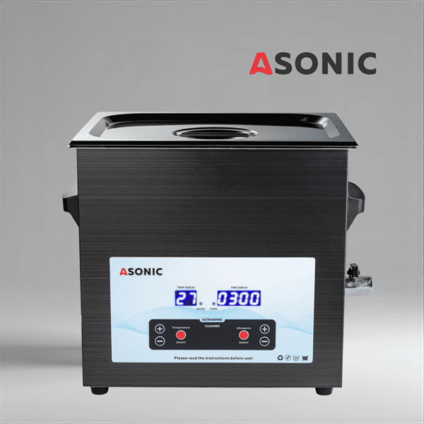 ASONIC MED 10L ултразвуков почистващ апарат с капак – медицинска серия ASONIC MED 10L черен ултразвуков почистващ уред със затворен капак за почистване на големи медицински инструменти.