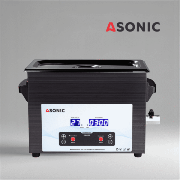 ASONIC MED 5L ултразвуков почистващ апарат с капак – медицинска серия ASONIC MED 5L ултразвукова почистваща машина в черно с затворен капак за професионална медицинска употреба.