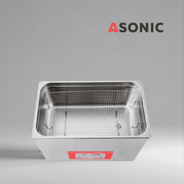Индустриален ултразвуков почистващ уред ASONIC 29L със затворен капак от неръждаема стомана за професионално почистване при тежки условия.
