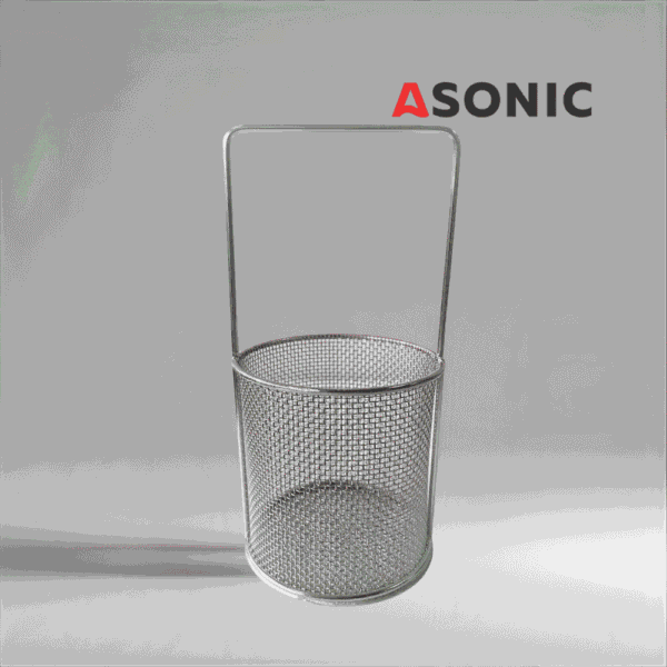 ASONIC-малка-кръгла-ръчка-за-кошница-75-мм ASONIC кръгла кошница от неръждаема стомана с дръжка Ø75mm, предназначена за ултразвуково почистване на бижута и фини инструменти.