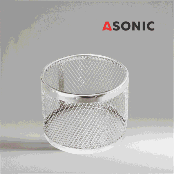 ASONIC кръгла кошница от неръждаема стомана Ø75mm за ултразвукови вани, компактен аксесоар за прецизно почистване.