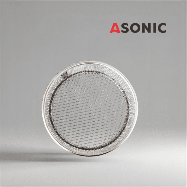 ASONIC inox средна кръгла кошница Ø75mm, предназначена за ултразвукови почистващи уреди, за безопасно съхранение на бижута, инструменти и малки компоненти.